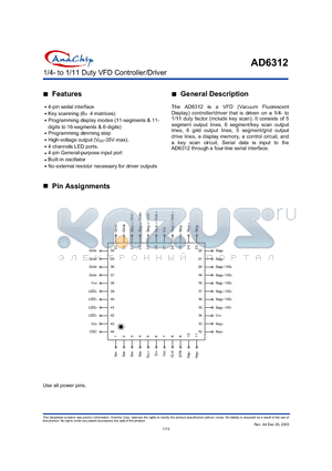 AD6312 datasheet - 1/4- to 1/11 Duty VFD Controller/Driver