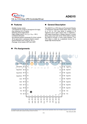 AD6315LF datasheet - 1/4- to 1/12 Duty VFD Controller/Driver