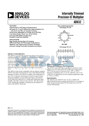 AD632AH datasheet - Internally Trimmed Precision IC Multiplier