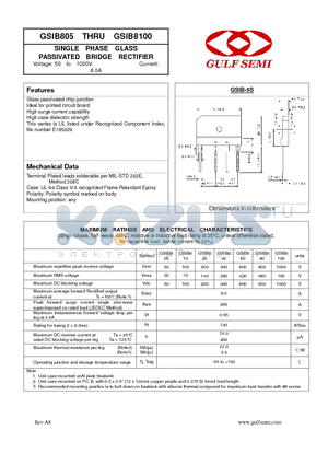 GSIB805 datasheet - SINGLE PHASE GLASS PASSIVATED BRIDGE RECTIFIER Voltage: 50 to 1000V Current: 8.0A