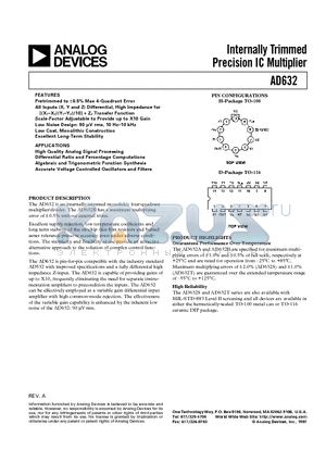 AD632BD datasheet - Internally Trimmed Precision IC Multiplier