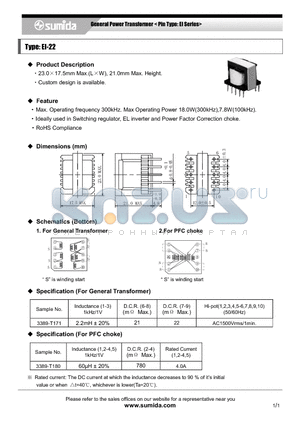 3389-T171 datasheet - General Power Transformer < Pin Type: EI Series>