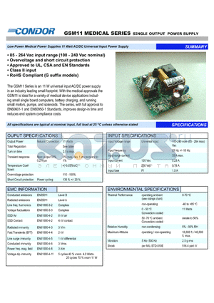 GSM11 datasheet - Low Power Medical Power Supplies 11 Watt AC/DC Universal Input Power Supply