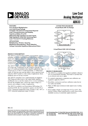 AD633AN datasheet - Low Cost Analog Multiplier