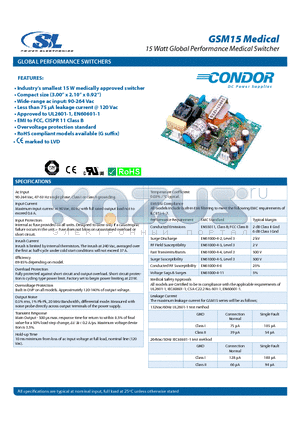 GSM15 datasheet - 15 Watt Global Performance Medical Switcher