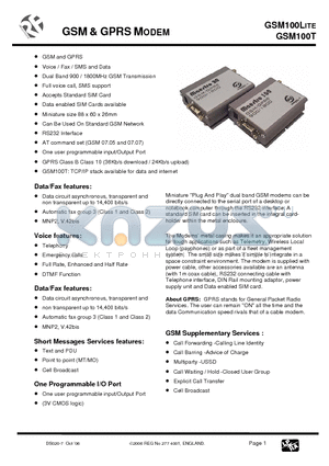 GSM100LITE datasheet - GSM & GPRS MODEM