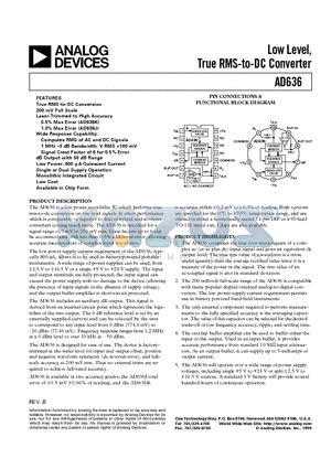 AD636KD datasheet - Low Level, True RMS-to-DC Converter
