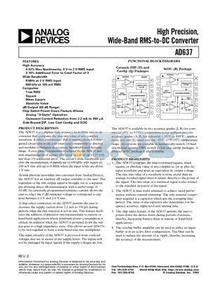 AD637A datasheet - High Precision, Wide-Band RMS-to-DC Converter