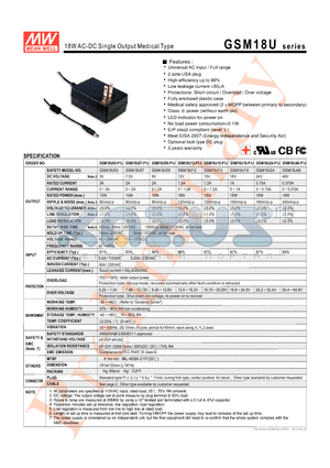 GSM18U datasheet - 18W AC-DC Single Output Medical Type