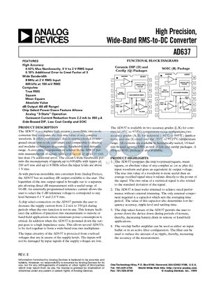 AD637JQ datasheet - High Precision, Wide-Band RMS-to-DC Converter