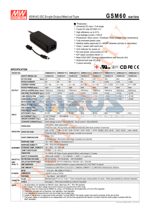 GSM60 datasheet - 60W AC-DC Single Output Medical Type