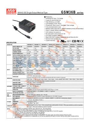 GSM36B datasheet - 36W AC-DC Single Output Medical Type