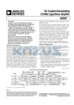 AD640BE datasheet - DC-Coupled Demodulating 120 MHz Logarithmic Amplifier