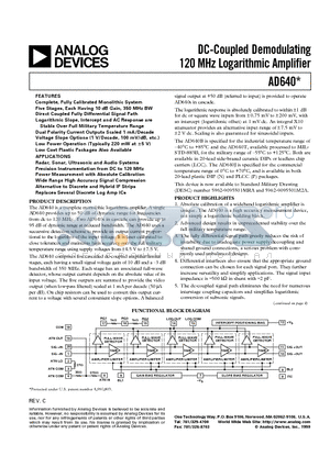 AD640T datasheet - DC-Coupled Demodulating 120 MHz Logarithmic Amplifier