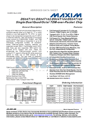DS34T102 datasheet - Single/Dual/Quad/Octal TDM-over-Packet Chip