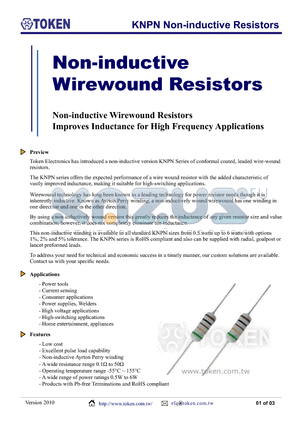 KNPN-1001W0R1GP datasheet - KNPN Non-inductive Resistors