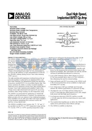 AD644 datasheet - Dual High Speed, Implanted BiFET Op Amp