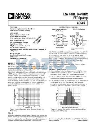 AD645JN datasheet - Low Noise, Low Drift FET Op Amp