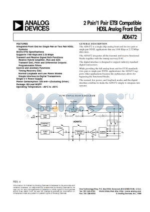 AD6472 datasheet - 2 Pair/1 Pair ETSI Compatible HDSL Analog Front End