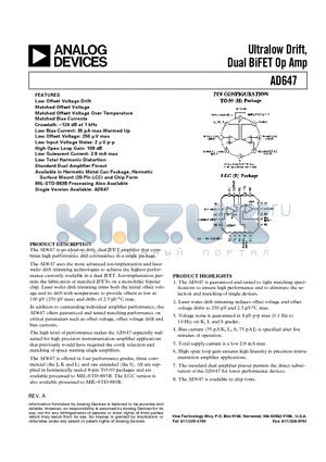 AD647LH datasheet - Ultralow Drift, Dual BiFET Op Amp