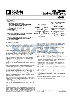 AD648KR-REEL datasheet - Dual Precision, Low Power BiFET Op Amp