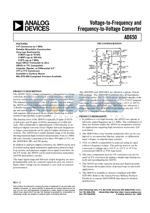 AD650S datasheet - Voltage-to-Frequency and Frequency-to-Voltage Converter