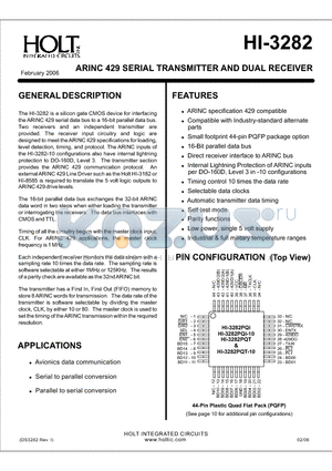 HI-3282CLI datasheet - ARINC 429 SERIAL TRANSMITTER AND DUAL RECEIVER