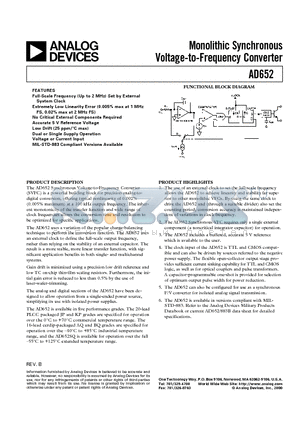 AD652AQ datasheet - Monolithic Synchronous Voltage-to-Frequency Converter