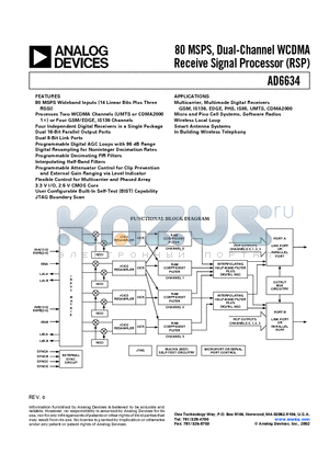 AD6634BBC datasheet - 80 MSPS, Dual-Channel WCDMA Receive Signal Processor (RSP)