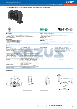 GSP1.8100.1 datasheet - IEC Appliance Inlet C14 or C18, Screw-on Mounting, Rear Side, PCB- or Solder Terminal