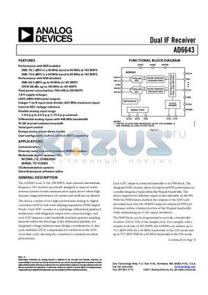 AD6643-200EBZ datasheet - Dual IF Receiver 1.8 V supply voltages Internal ADC voltage reference