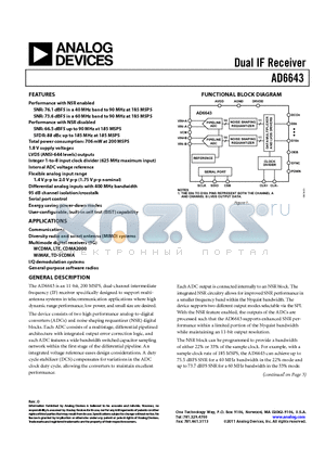 AD6643BCPZRL7-200 datasheet - Dual IF Receiver 1.8 V supply voltages Internal ADC voltage reference