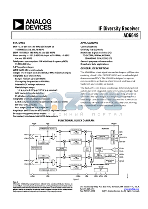 AD6649BCPZRL7 datasheet - IF Diversity Receiver IF sampling frequencies to 400 MHz