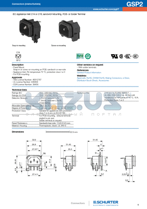 GSP2 datasheet - IEC Appliance Inlet C14 or C18, sandwich Mounting, PCB- or Solder Terminal