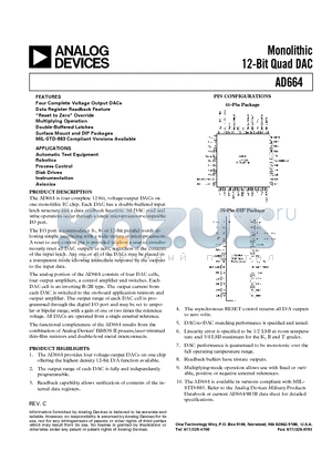 AD664AD-BIP datasheet - Monolithic 12-Bit Quad DAC