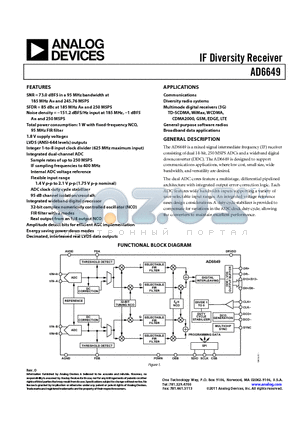 AD6649 datasheet - IF Diversity Receiver IF sampling frequencies to 400 MHz