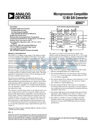 AD667/883B datasheet - Microprocessor-Compatible 12-Bit D/A Converter