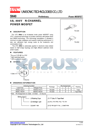 5N40 datasheet - 5A, 400V N-CHANNEL POWER MOSFET
