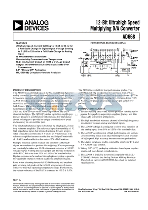 AD668AQ datasheet - 12-Bit Ultrahigh Speed Multiplying D/A Converter