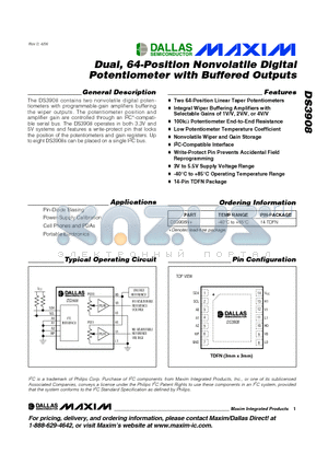 DS3908 datasheet - Dual, 64-Position Nonvolatile Digital Potentiometer with Buffered Outputs