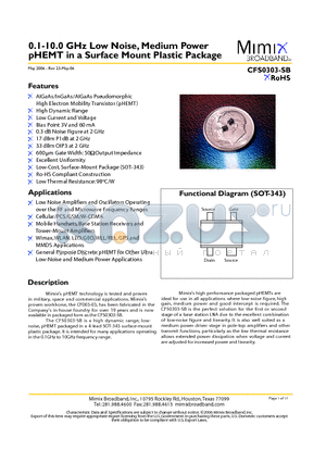 CFS0303-SB-0G00 datasheet - 0.1-10.0 GHz Low Noise, Medium Power pHEMT in a Surface Mount Plastic Package