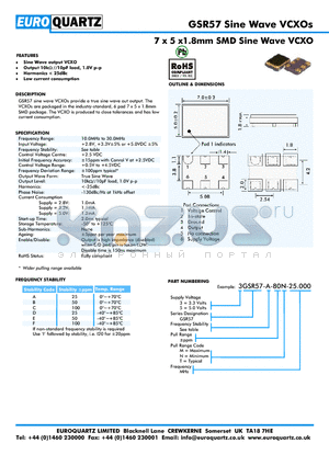 GSR57 datasheet - 7 x 5 x1.8mm SMD Sine Wave VCXO