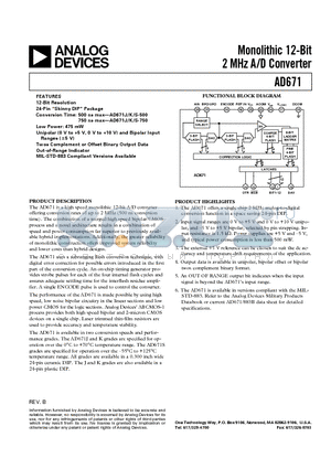 AD671JD-750 datasheet - Monolithic 12-Bit 2 MHz A/D Converter