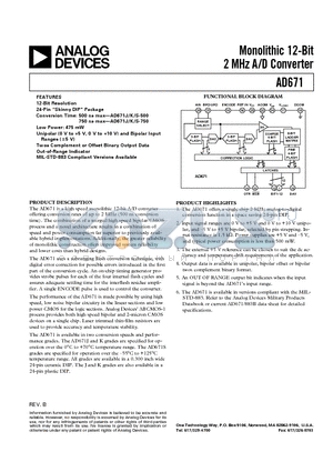 AD671KD-500 datasheet - Monolithic 12-Bit 2 MHz A/D Converter