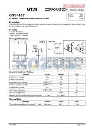 GSS4957 datasheet - P-CHANNEL ENHANCEMENT MODE POWER MOSFET