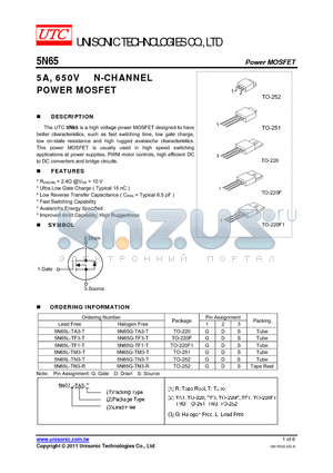 5N65G-TF3-T datasheet - 5A, 650V N-CHANNEL POWER MOSFET