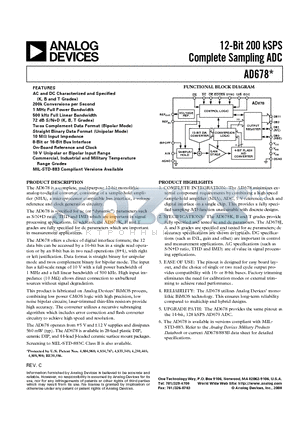 AD678JN datasheet - 12-Bit 200 kSPS Complete Sampling ADC