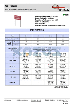 GST2512 datasheet - High Resistance / Thick Film Leaded Resistors