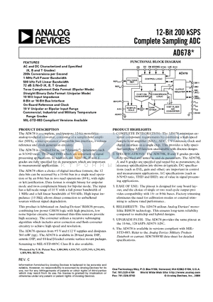 AD678 datasheet - 12-Bit 200 kSPS Complete Sampling ADC