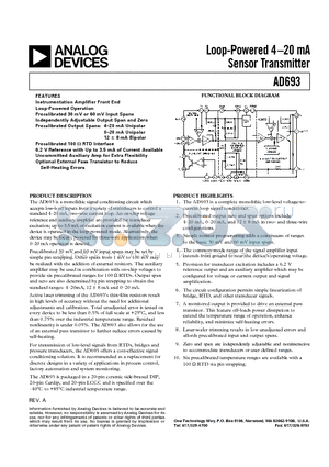 AD693AE datasheet - Loop-Powered 4.20 mA Sensor Transmitter